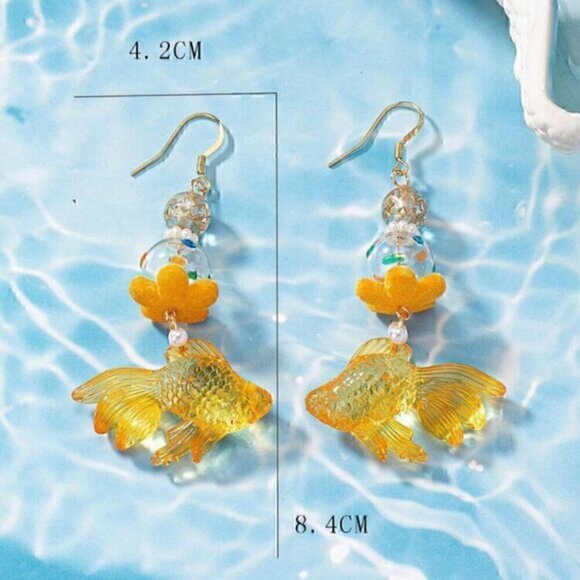 Gold Fish Bowl Carp Long Dangle Statement Beach Vacation Earrings - Picture 4 of 5